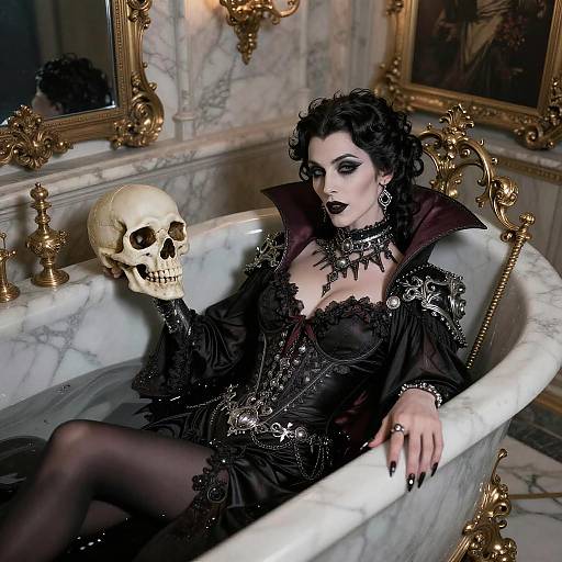 Gothic Victorian Woman in Luxury Bathtub Holding Skull