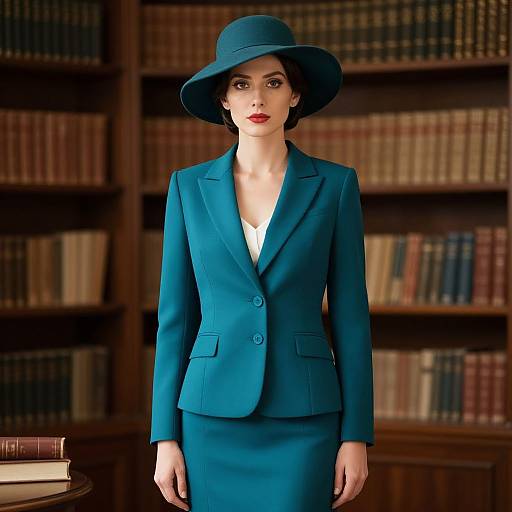 Elegant Woman in Teal Tailored Skirt Suit and Wide-Brimmed Hat in Library