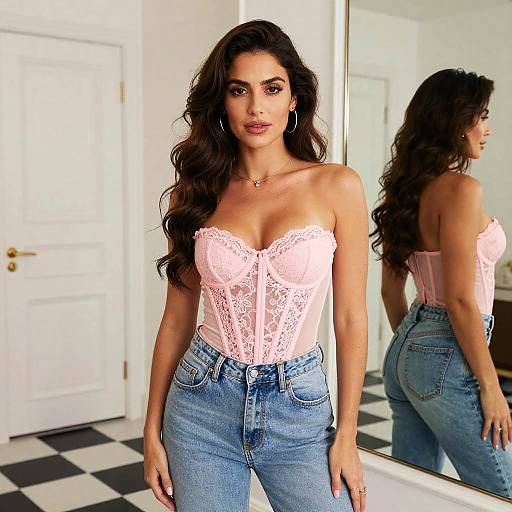 Woman in Pink Lace Corset and High-Waisted Jeans Fashion Portrait