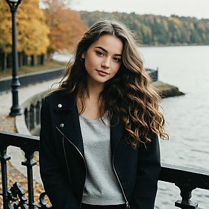 Young Woman by Riverside in Autumn