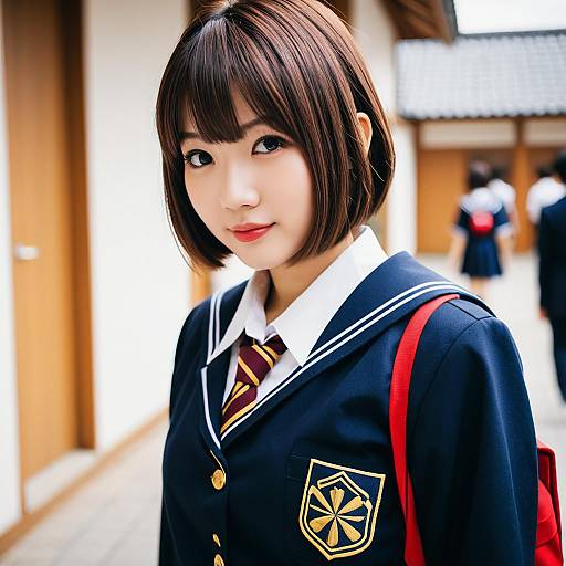 Young Woman in Japanese School Uniform in Corridor