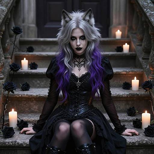 Gothic Woman with Purple Hair and Wolf Ears Sitting on Stone Steps with Candles