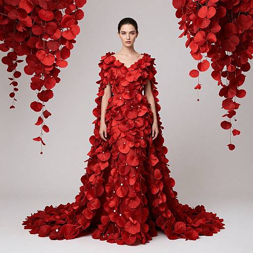 Elegant Woman in Red Floral Appliqué Couture Gown