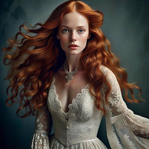 Portrait of Woman with Flowing Red Hair in Lace Gown
