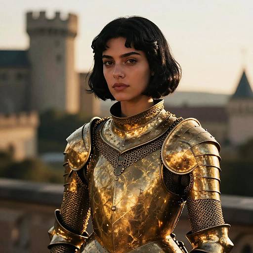 Woman in Golden Medieval Armor Standing by Castle Tower