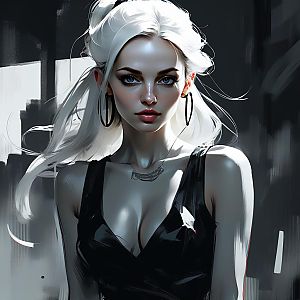 Confident Woman in Black Dress with Platinum Hair