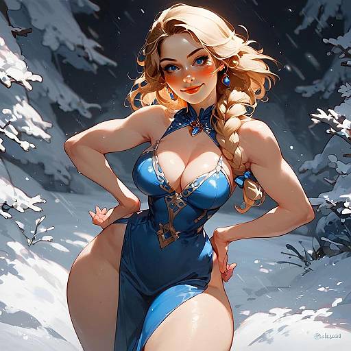 Fantasy Anime Style Woman in Blue Dress in Snowy Forest