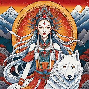 Woman in Traditional Attire with White Wolf