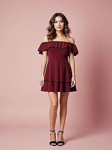 Modern Off-the-Shoulder Burgundy Mini Dress on Woman with Layered Ruffles