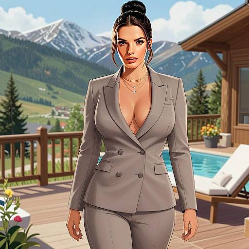 Confident Woman in Gray Pantsuit Standing on Mountain Deck Digital Illustration