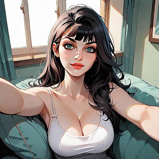 Anime Style Woman Selfie Illustration with Dark Hair and Blue Eyes