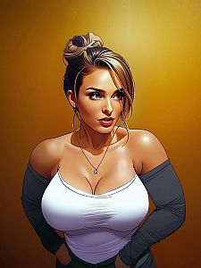 Digital Portrait of Woman with Blonde Hair in White Top on Golden Background