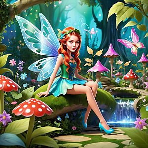 Fairy Woman with Blue Wings in Enchanted Forest
