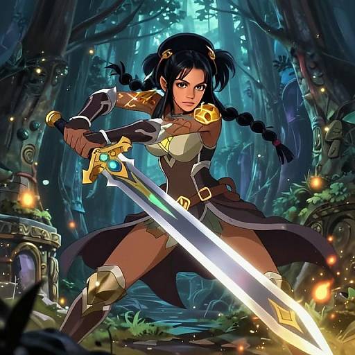 Fantasy Woman Warrior with Glowing Sword in Enchanted Forest Anime Style
