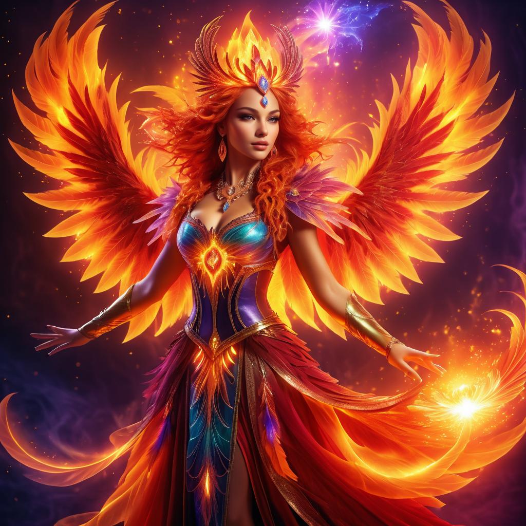 Woman as a Fiery Phoenix with Majestic Wings