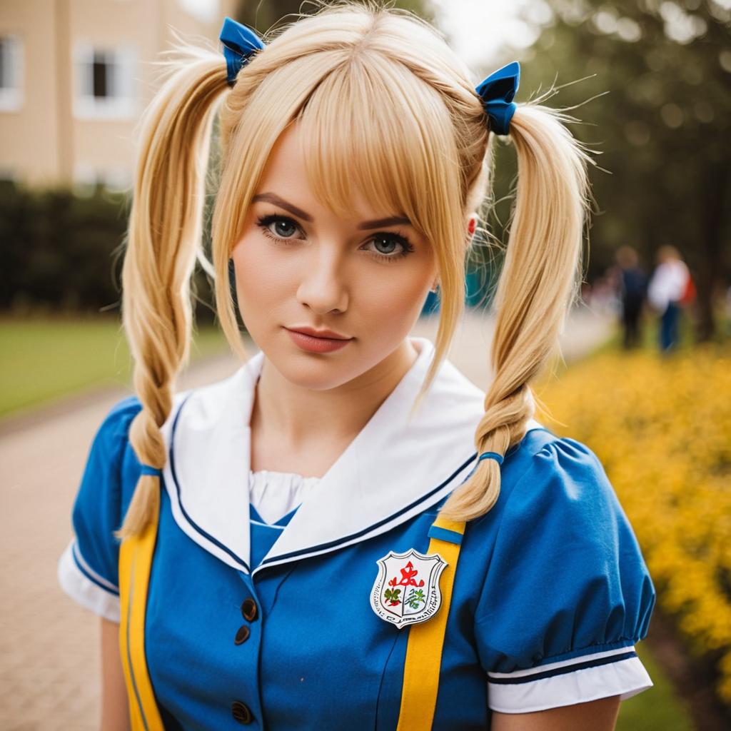 Blonde Woman in Blue Sailor School Uniform with Pigtails Outdoor Portrait