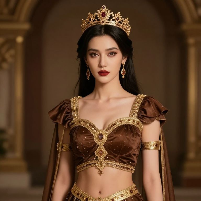 Regal Woman in Ornate Brown and Gold Royal Costume with Crown