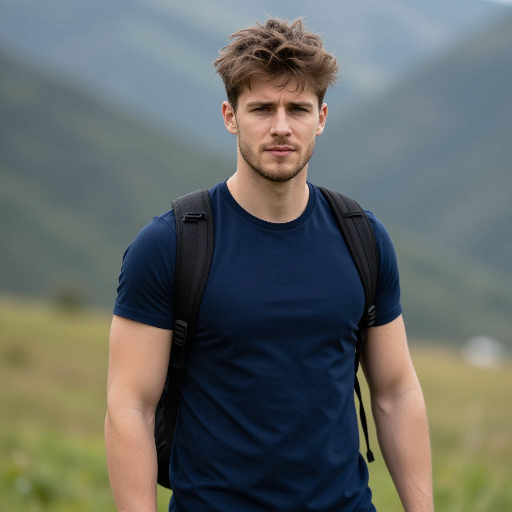 Young Man Hiking with Backpack in Mountain Landscape