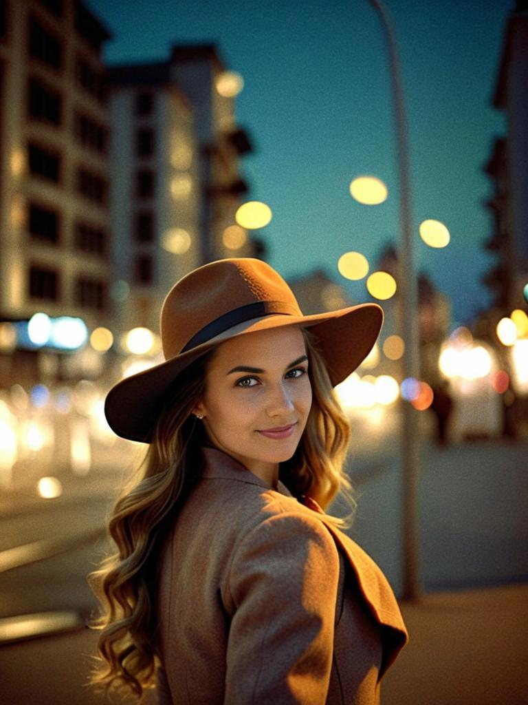 Stylish young woman in wide-brimmed hat with city lights