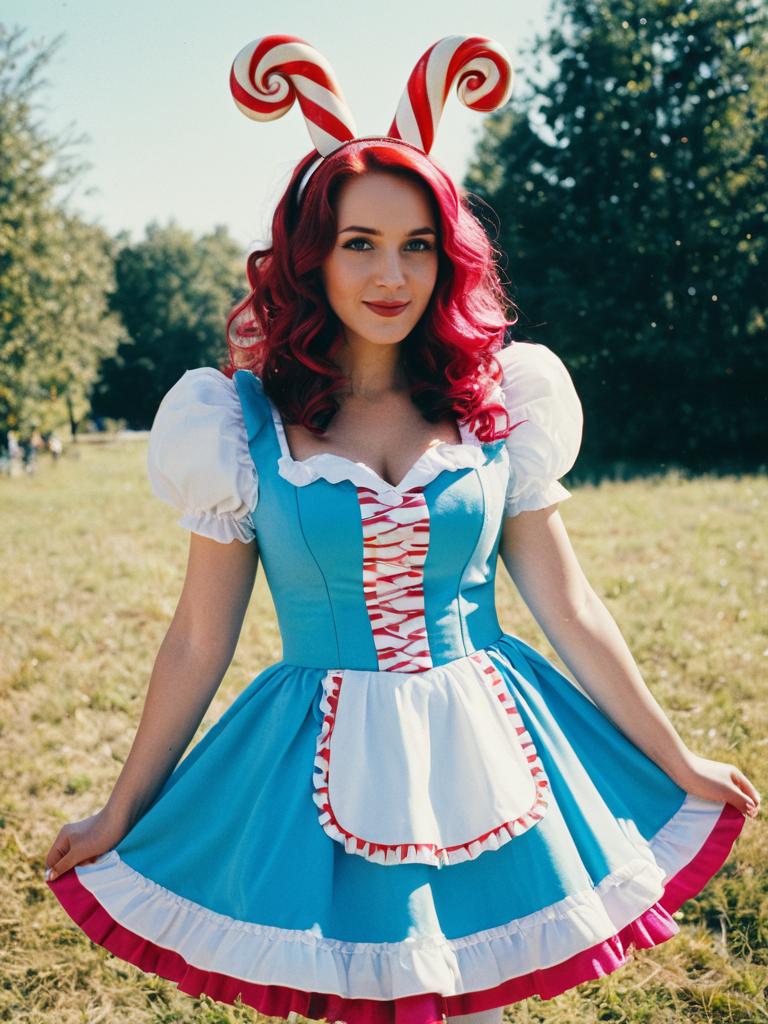 Woman in Candyland Cosplay Costume Outdoors in Daylight