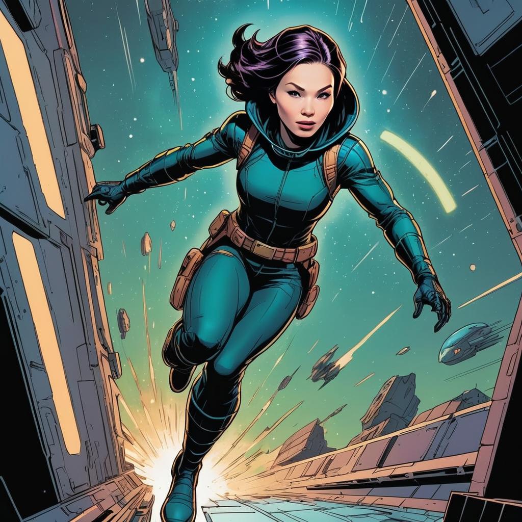 Determined Woman in Teal Suit in Futuristic Space Corridor Determined Woman in Teal Suit in Futuristic Space Corridor