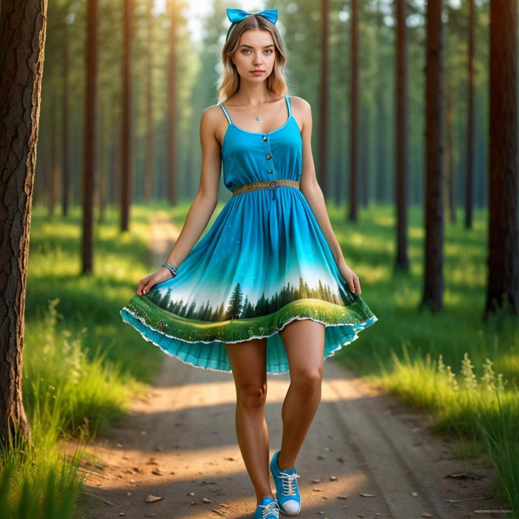 Young Woman in Blue Dress on Sunlit Path