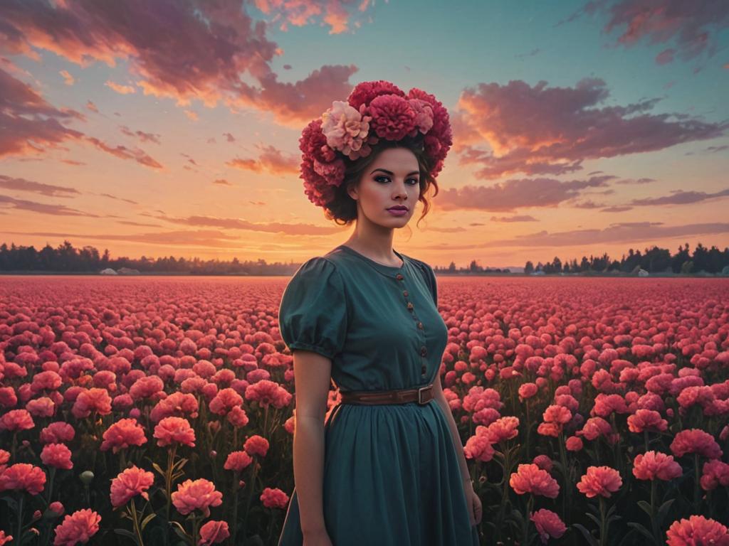 Woman with Oversized Carnation Headpiece in Flower Field at Dusk