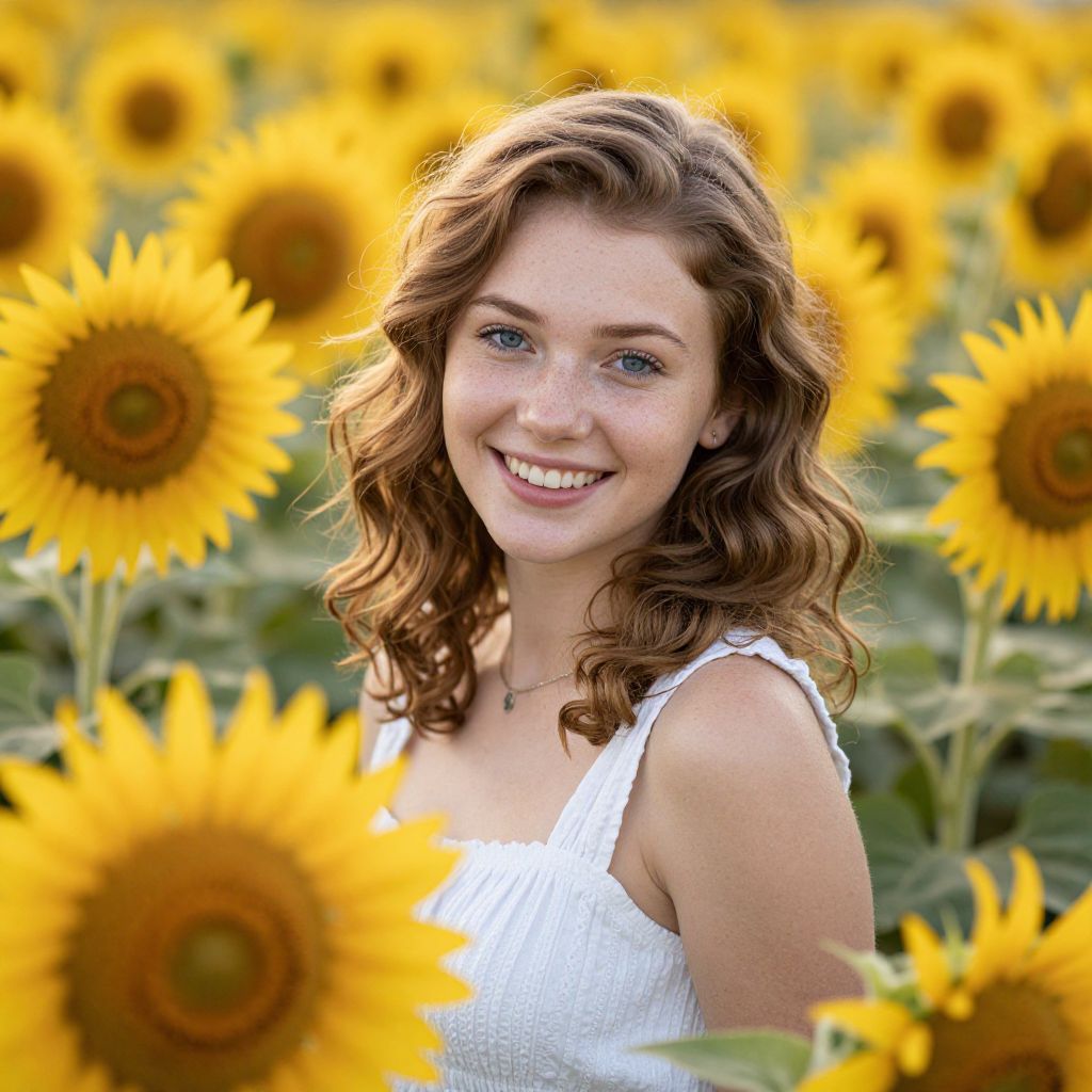Smiling Young Woman in Sunflower Field Portrait