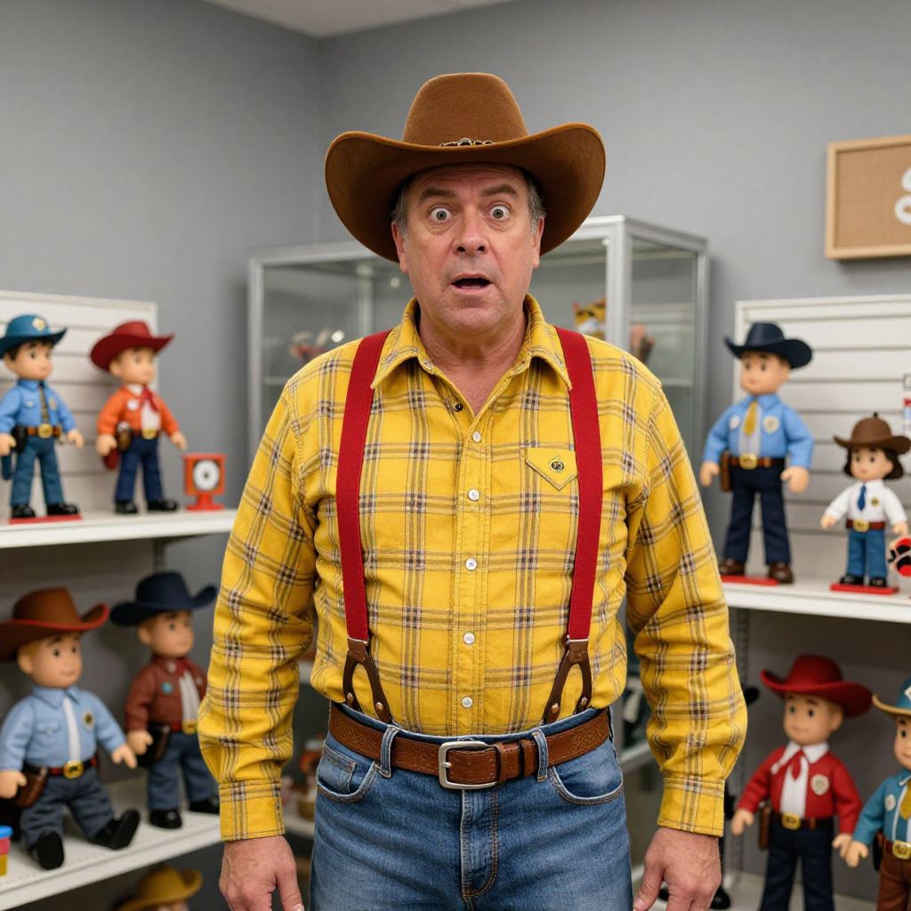 Surprised Man in Cowboy Outfit Surrounded by Vintage Western Collector Dolls