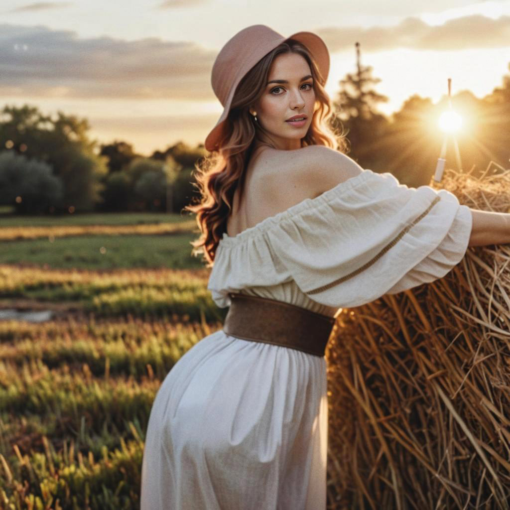 Woman in White Dress by Haystack at Sunset