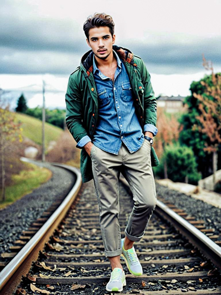 Stylish Young Man on Railway Tracks