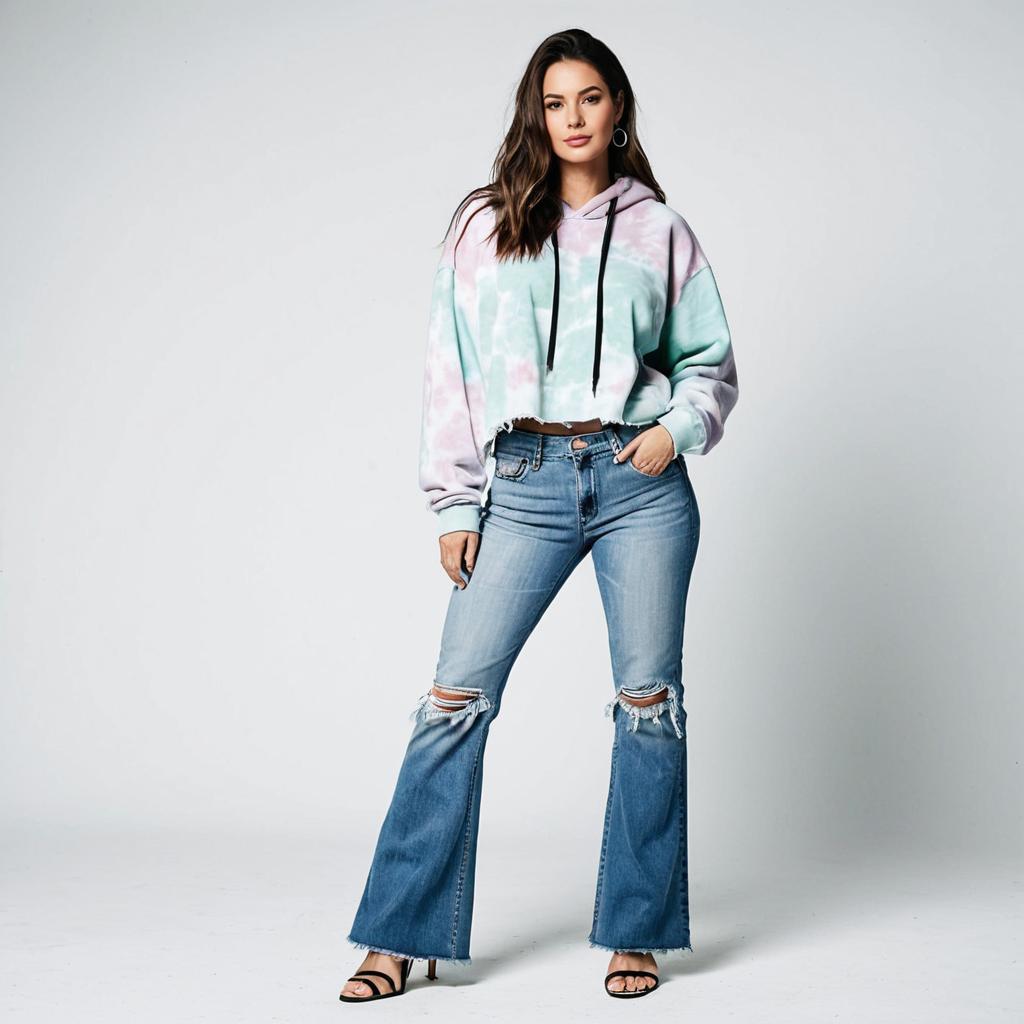 Trendy Young Woman in Pastel Tie-Dye Crop Hoodie and Distressed Flared Jeans