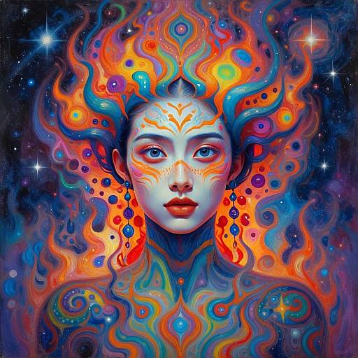 Psychedelic Fantasy Portrait of Woman with Cosmic Fire Patterns