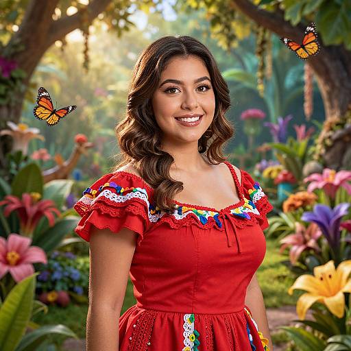 Smiling Woman in Red Traditional Dress Among Vibrant Garden and Butterflies