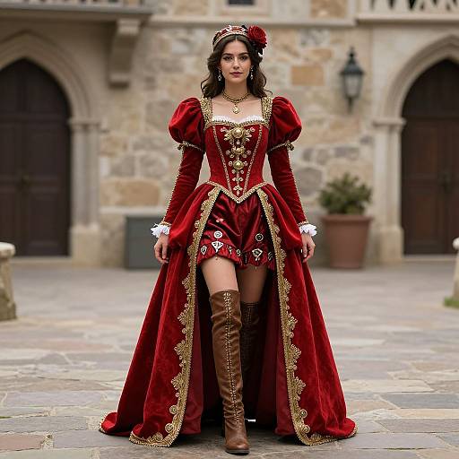 Elegant Woman in Renaissance-Style Red Velvet Gown with Gold Embroidery