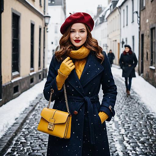 Stylish Woman in Winter Coat and Red Beret Walking on Snowy Cobblestone Street