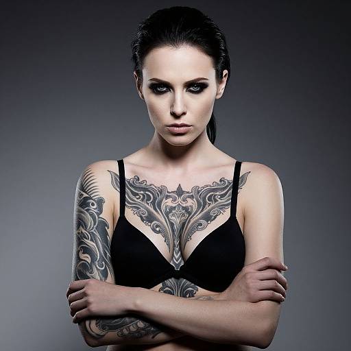 Tattooed Woman with Intense Gaze and Black Bra on Gray Background