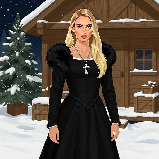 Elegant Woman in Gothic Black Gown Winter Cottage Scene