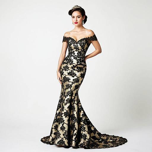 Elegant Woman in Nude and Black Off-Shoulder Mermaid Gown with Lace Detailing