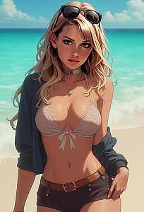 Anime Style Blonde Woman in Bikini at Beach with Sunglasses