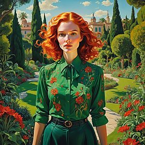 Red-haired Woman in Vibrant Garden