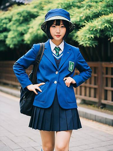 Asakusa Midori Woman in Blue Japanese School Uniform Outdoors