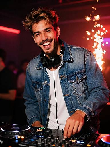 Gen Z DJ Spinning Music at Vibrant Night Party with Denim Jacket