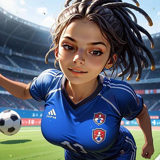 Dynamic Anime-Style Female Soccer Player in Blue Jersey on Stadium Field