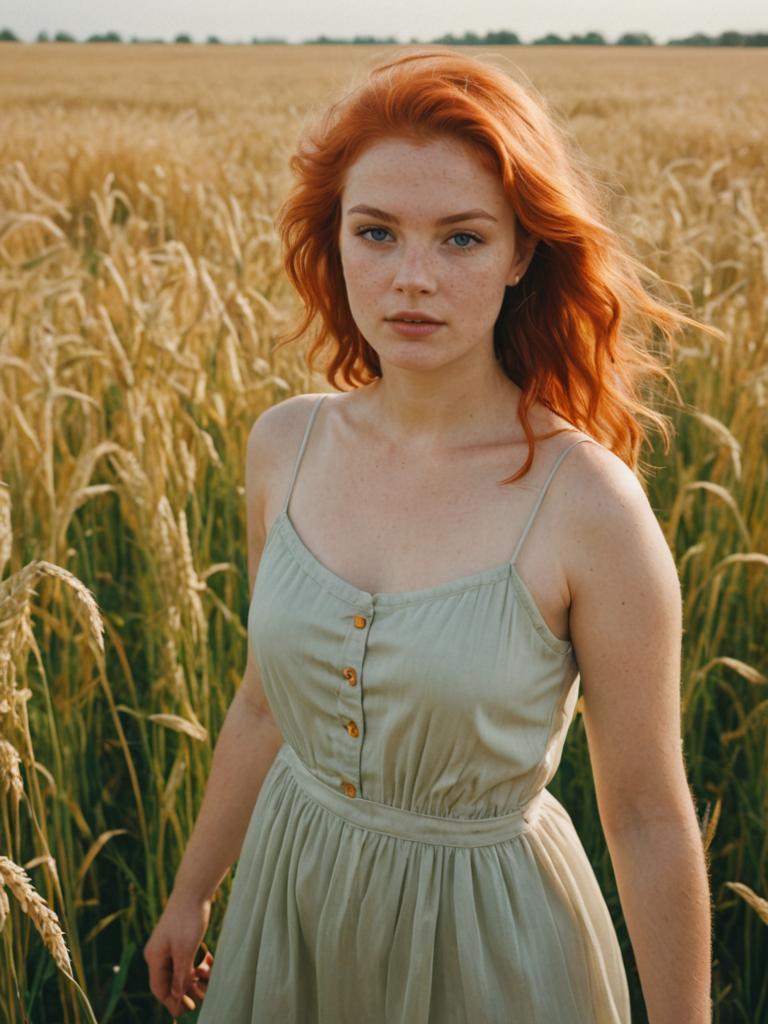 Voluptuous Redhead in Wheat Field