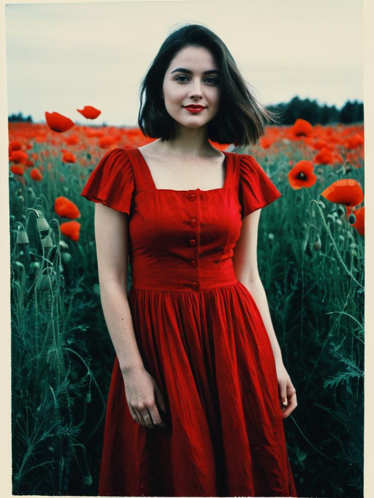 Young Woman in Red Dress Standing in Poppy Field Realistic Photo