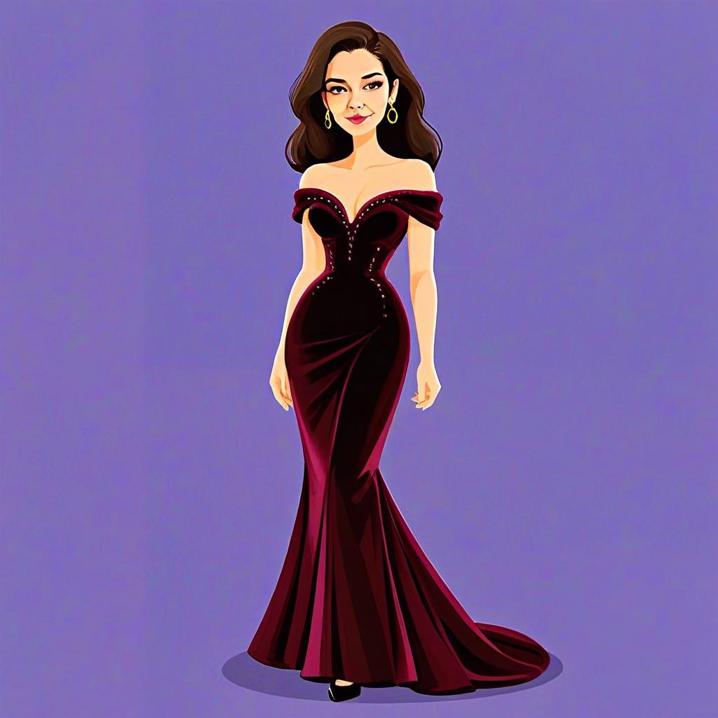 Sophisticated Woman in Elegant Burgundy Off-Shoulder Plunging Neckline Gown Illustration