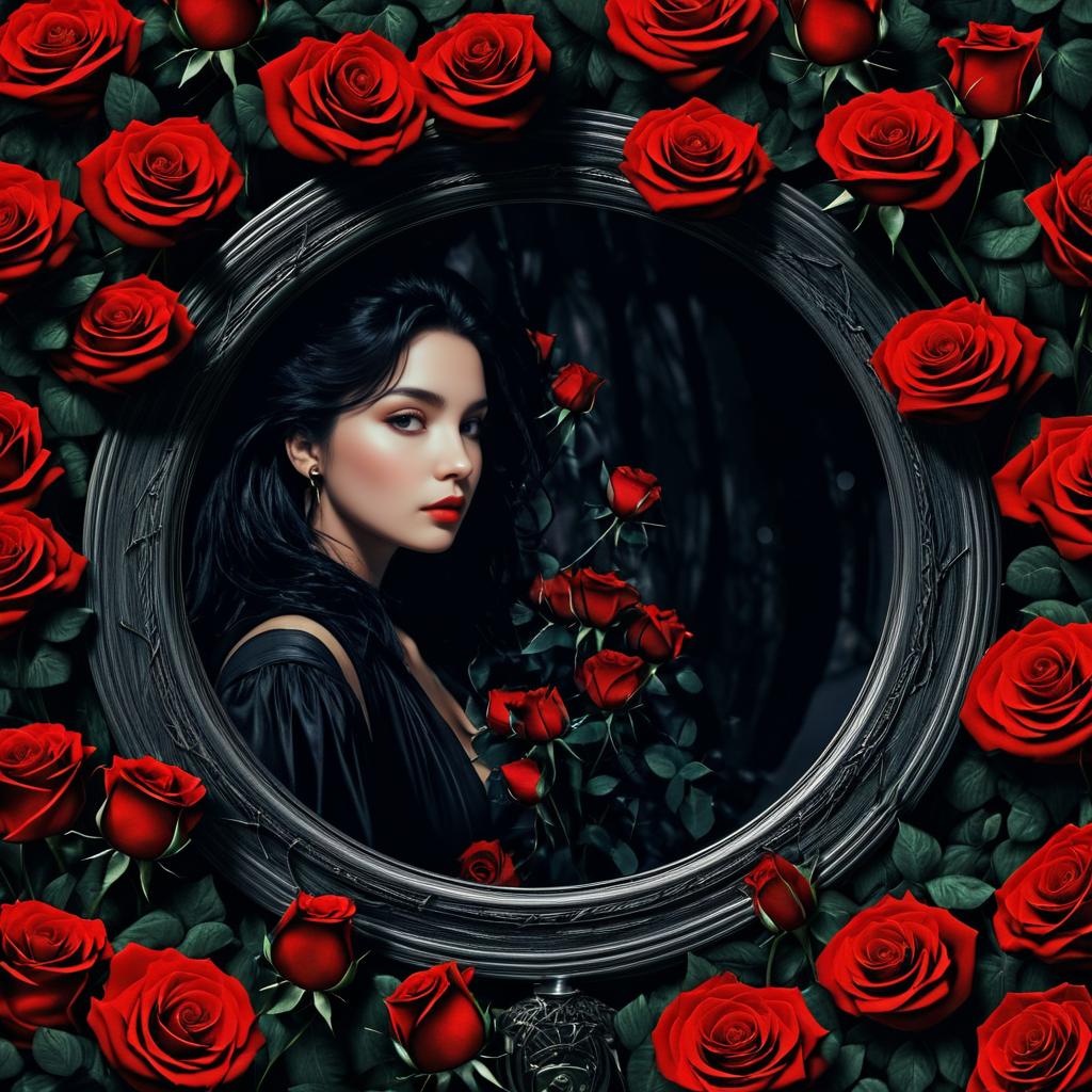 Woman Framed by Red Roses Against Dark Background