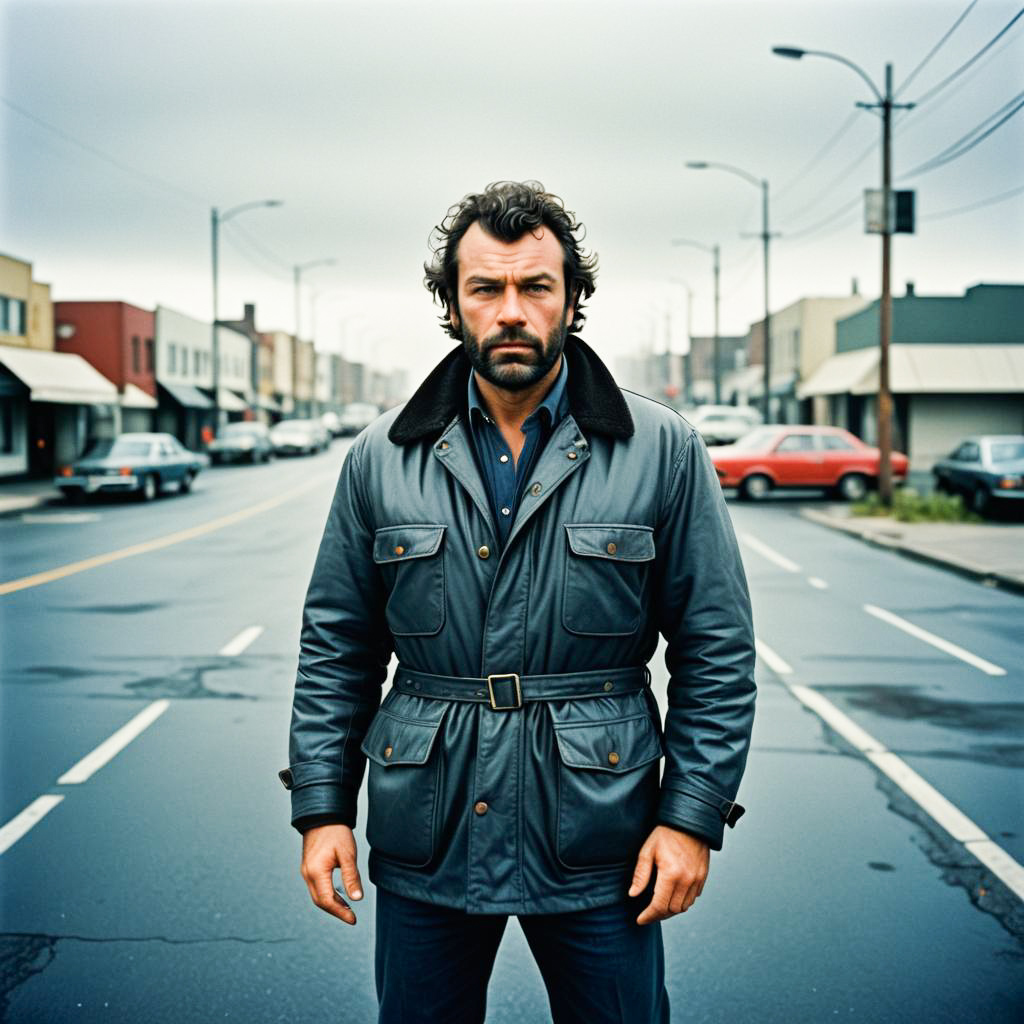 Rugged Man in Vintage Jacket on Deserted Street