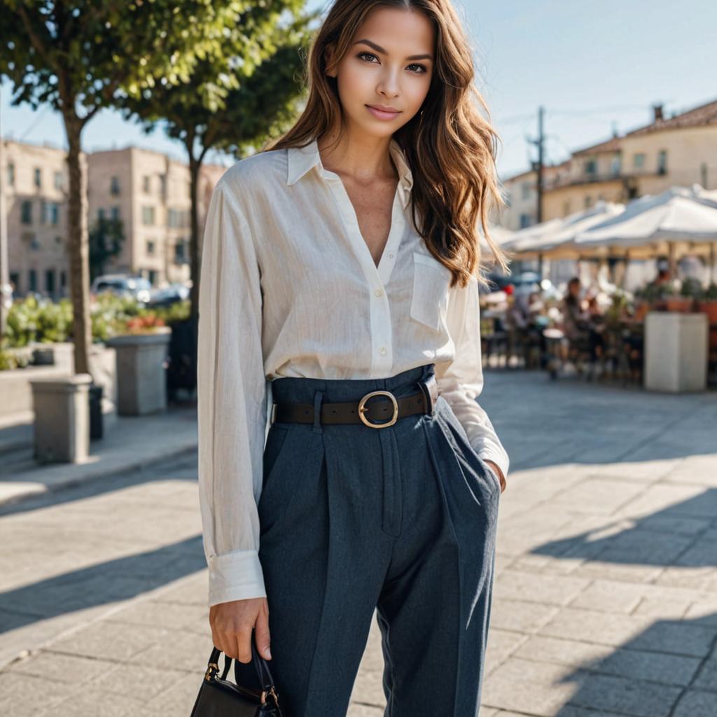 Chic Woman in White Shirt and Grey Trousers at Cafe